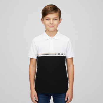 Boys White & Black Logo Polo Shirt, 1 Boys White & Black Logo Polo Shirt