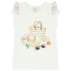 Girls White & Beige Striped Skirt Set, 3, hi-res