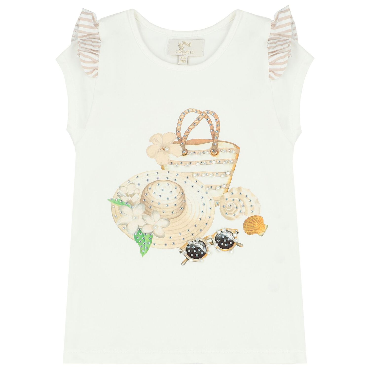 Girls White & Beige Striped Skirt Set, 3, hi-res image number null