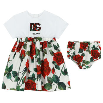 Younger Girls White & Red Rose Dress Set