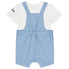 Baby Boys Blue & White Teddy Bear Dungaree Set, 1, hi-res