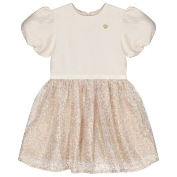 Girls Beige Satin & Sequin Dress
