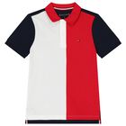 Boys Red & Navy Colourblock Cotton Polo Shirt, 1, hi-res