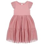 Girls Pink Bow Pleated Tulle Dress, 1, hi-res