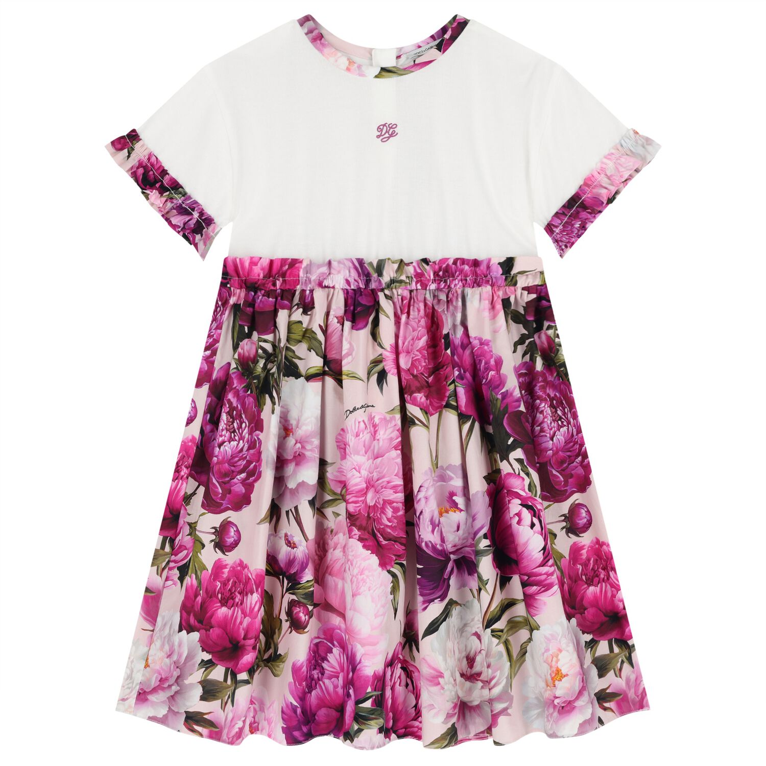 Girls White & Pink Peony Dress, 1, hi-res