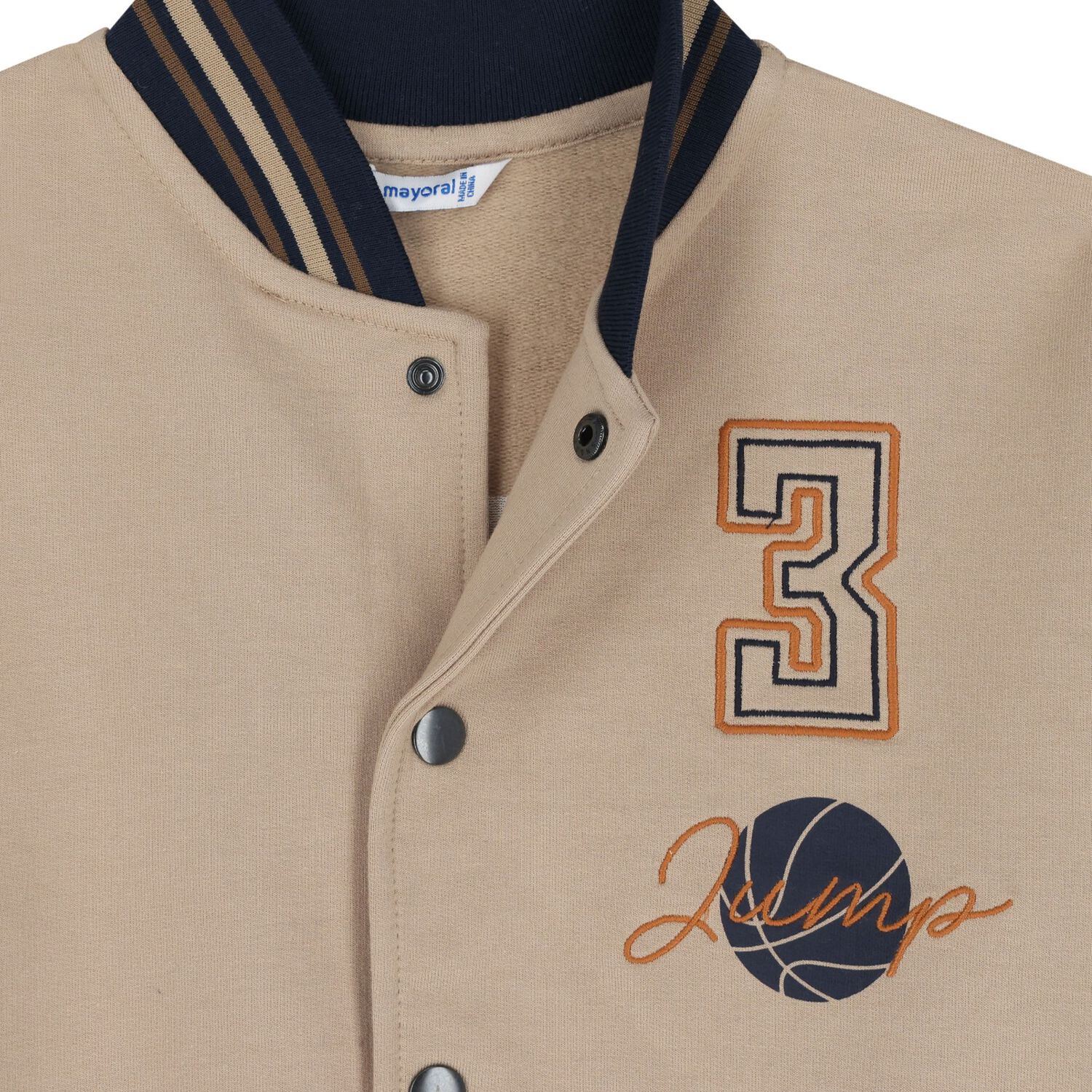 Boys Beige & Navy Blue Basketball Bomber Jacket, 1, hi-res
