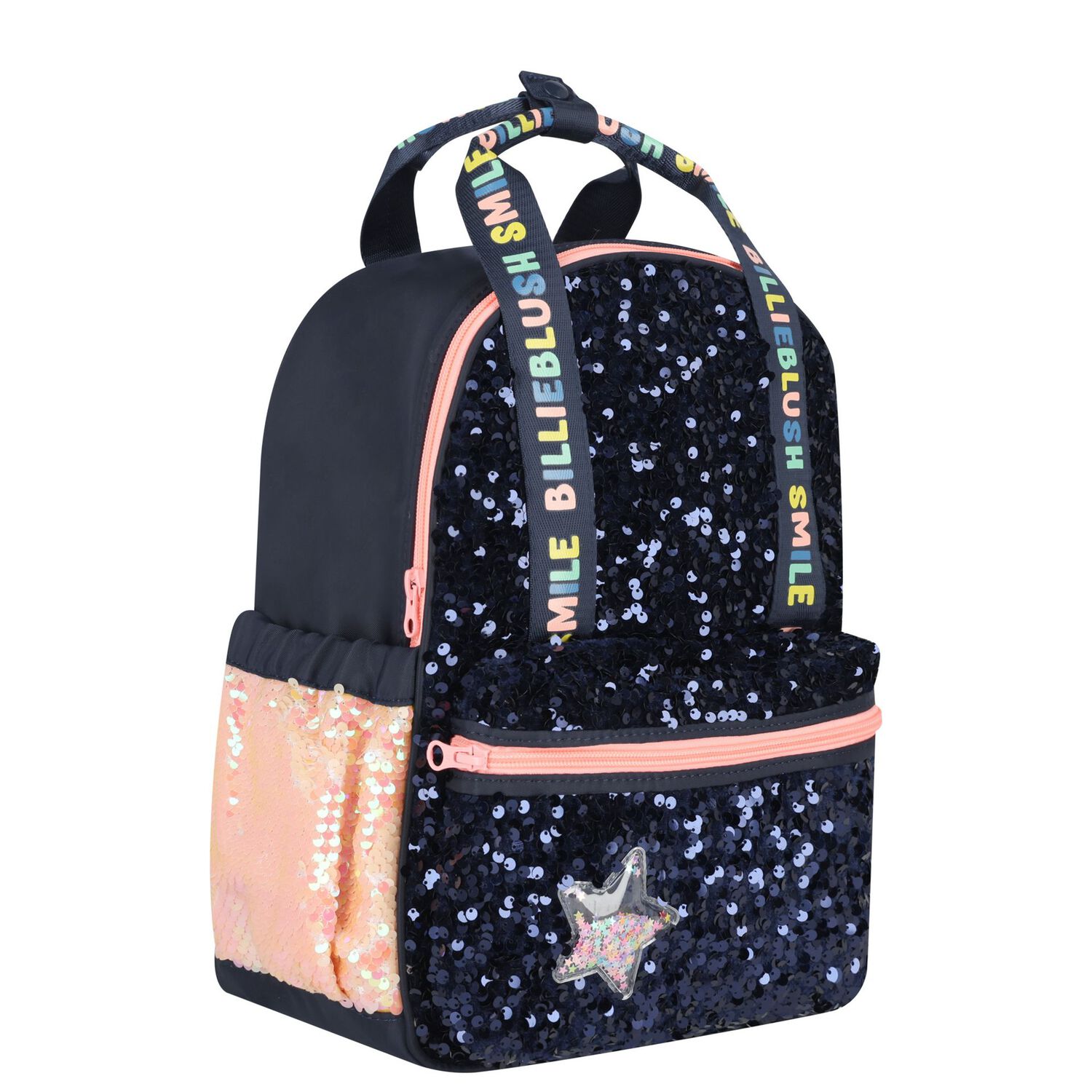 Girls Navy Blue Sequin Logo Backpack, 1, hi-res