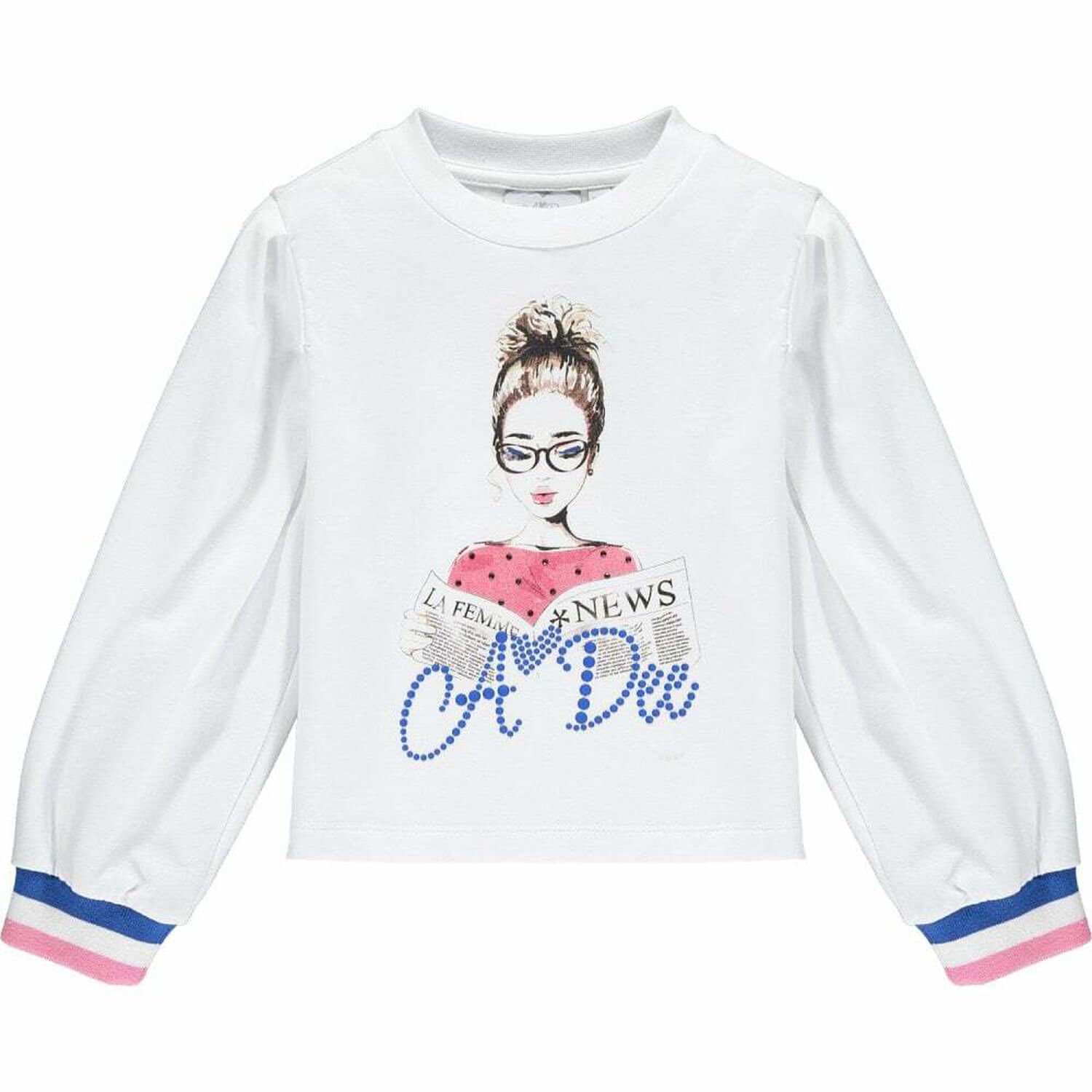 طقم فستان بالشعار باللون الابيض والزهرى والازرق, 1, hi-res