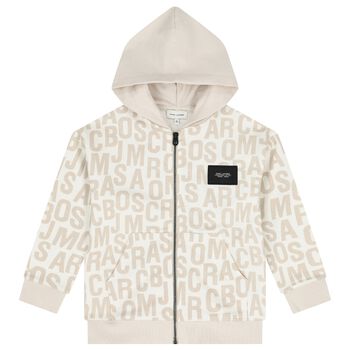 Boys White & Beige Logo Hooded Zip Up Top