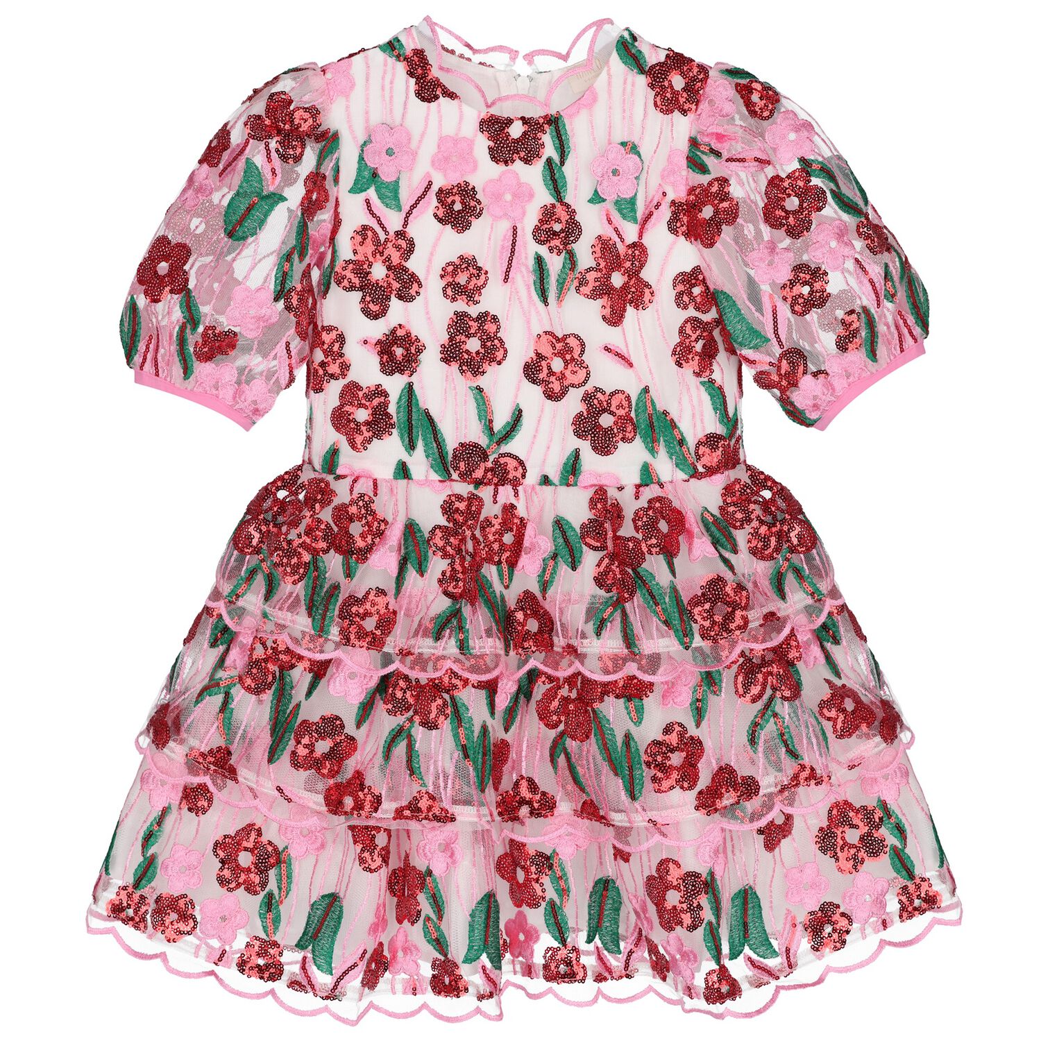 فستان تول مطرز بالترتر باللون الوردي والأحمر للبنات , 1, hi-res