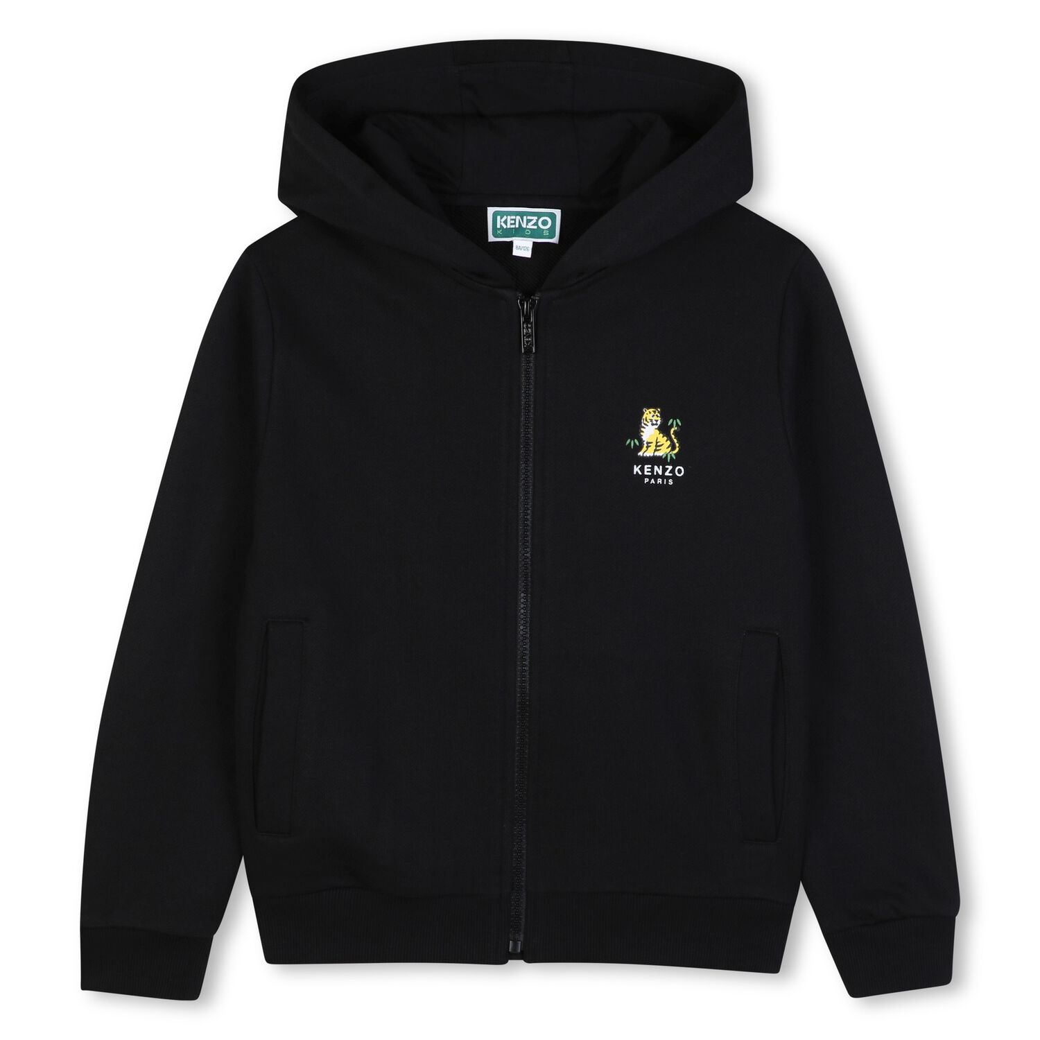 Boys Black Tiger Logo Hooded Zip Up Top, 1, hi-res