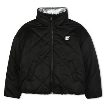 Girls Silver & Black Logo Reversible Puffer Jacket