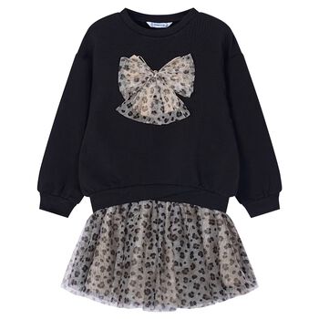 Girls Black & Beige Bow Skirt Set