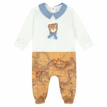 Baby Boys White & Beige Geo Map Babygrow