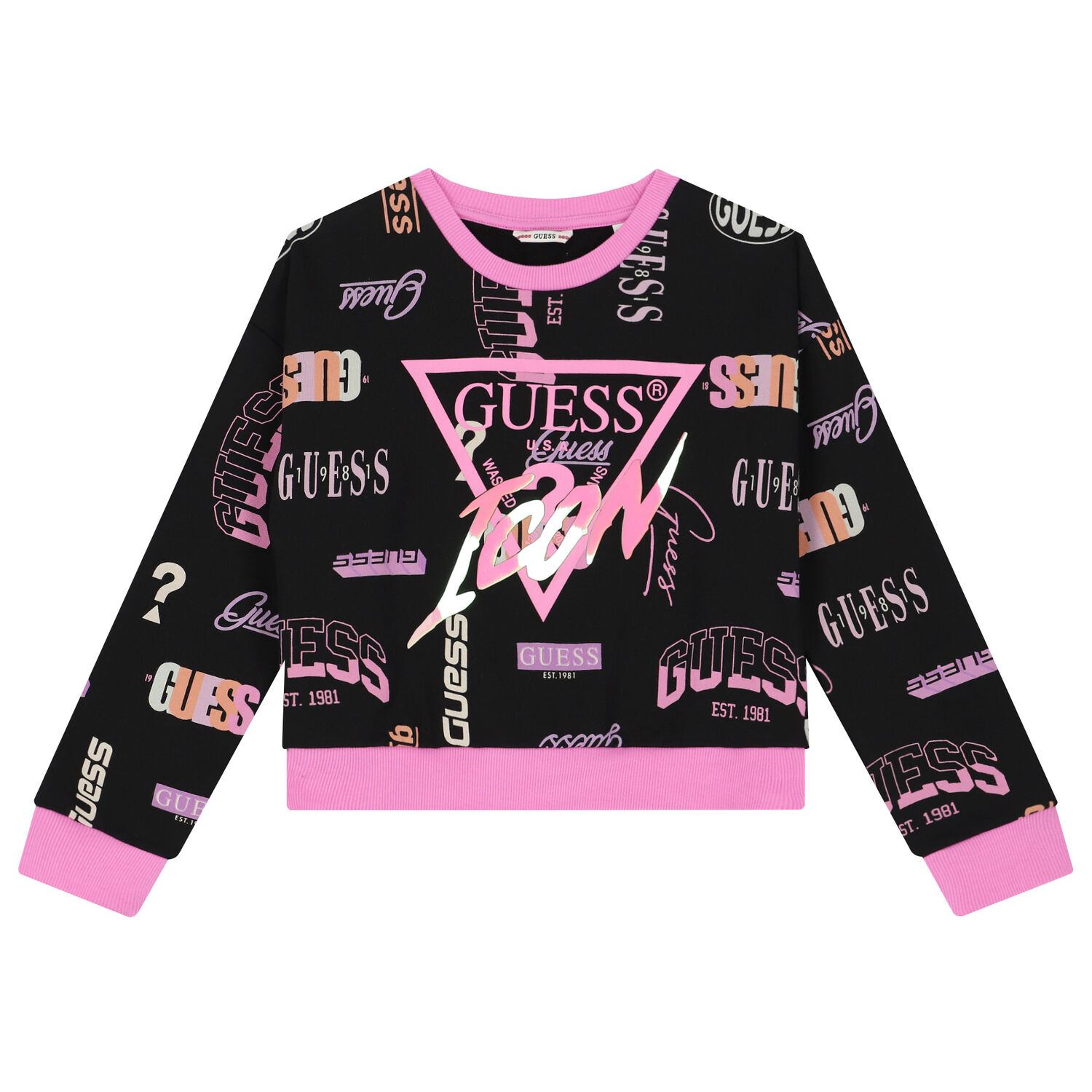 سويت شيرت بنات بالشعار باللون الأسود, 1, hi-res