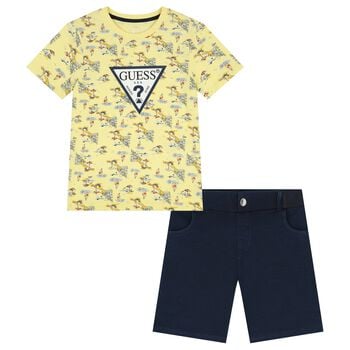 Boys Yellow & Navy Blue Logo Shorts Set
