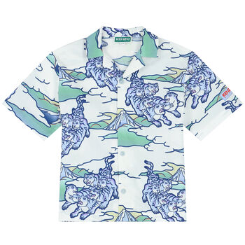 Boys White & Blue Tiger Poplin Shirt