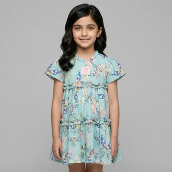 Younger Girls Blue Butterflies Logo Dress