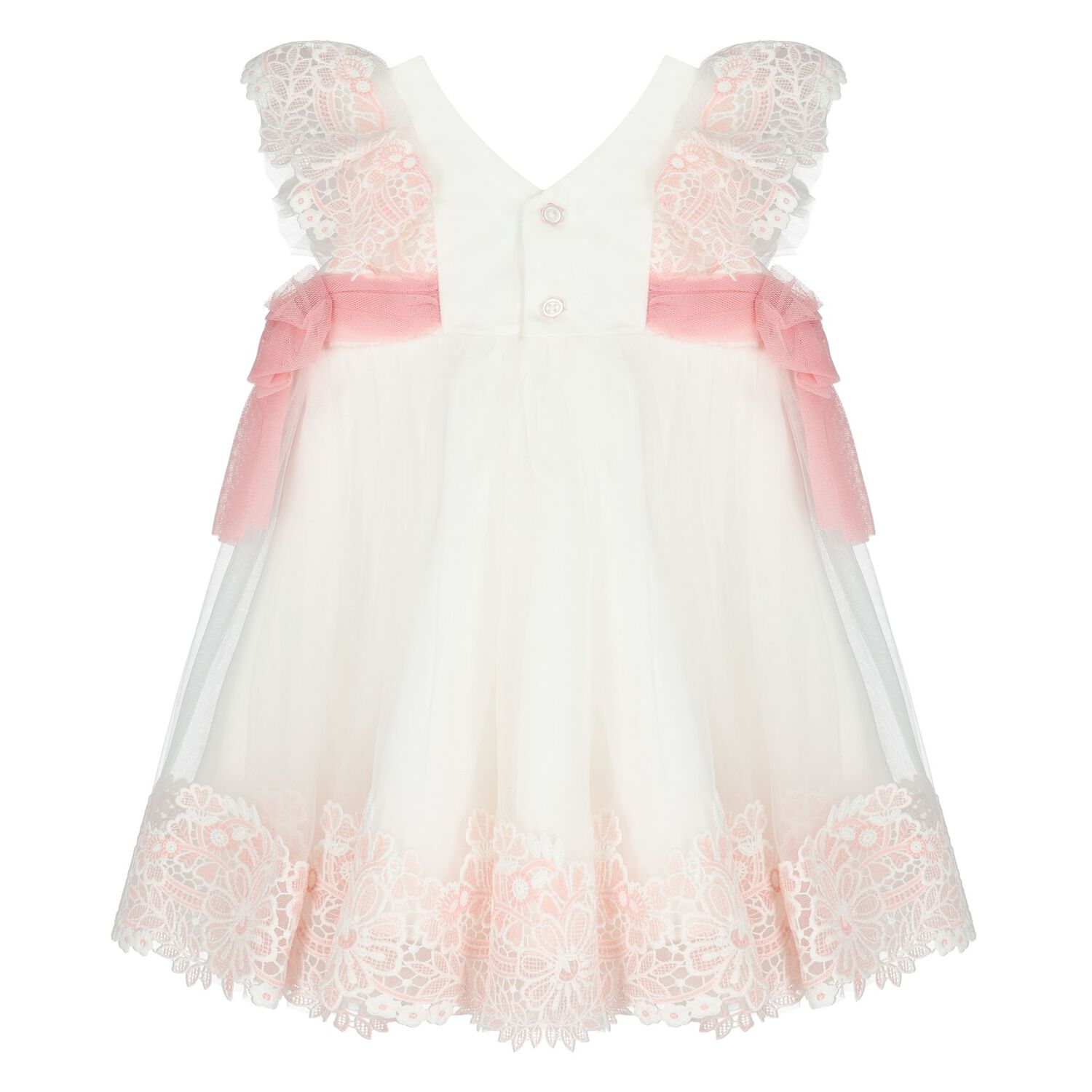 Younger Girls White & Pink Tulle Lace Dress, 1, hi-res