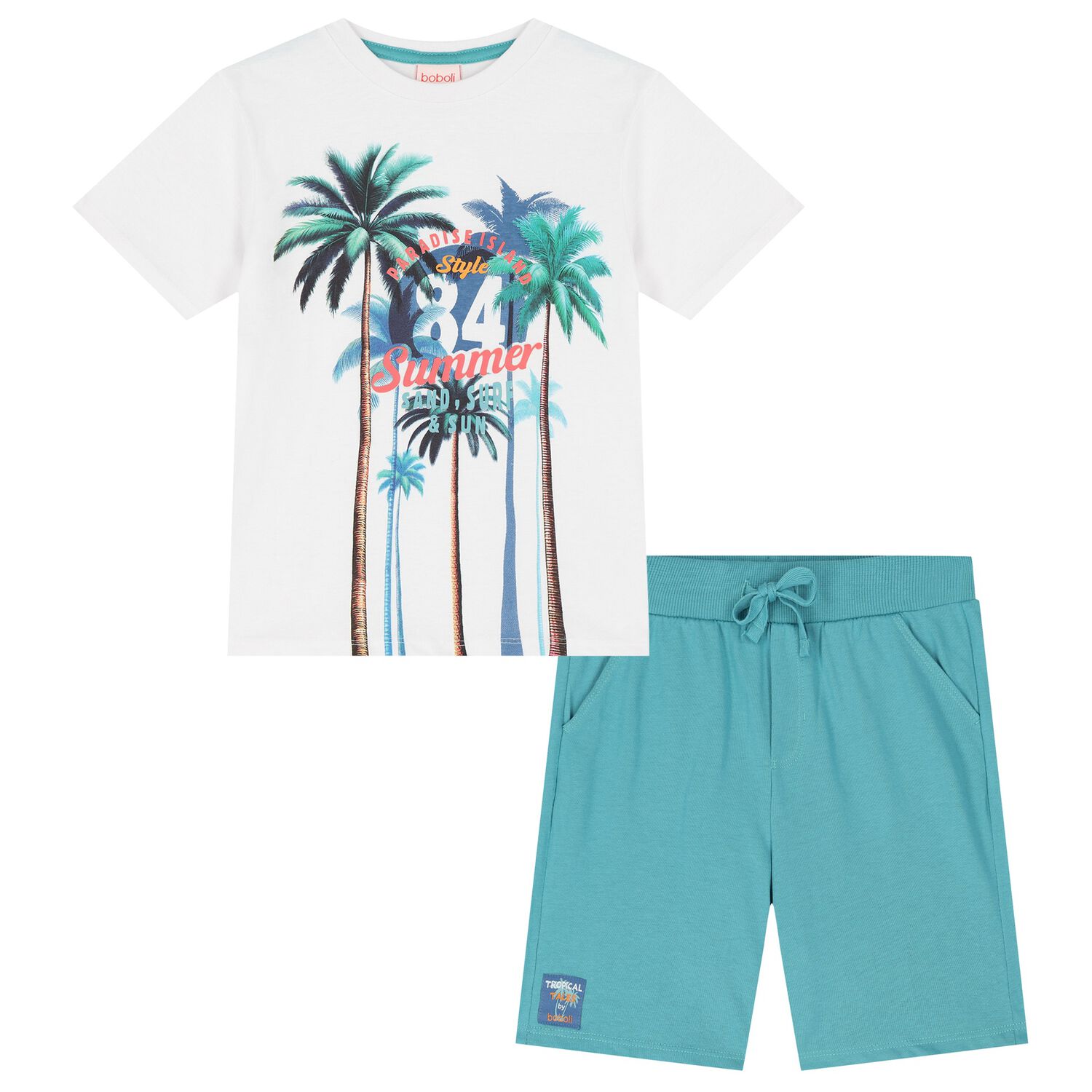 Boys Blue Palm Tree Print Shorts Set, 1, hi-res image number null