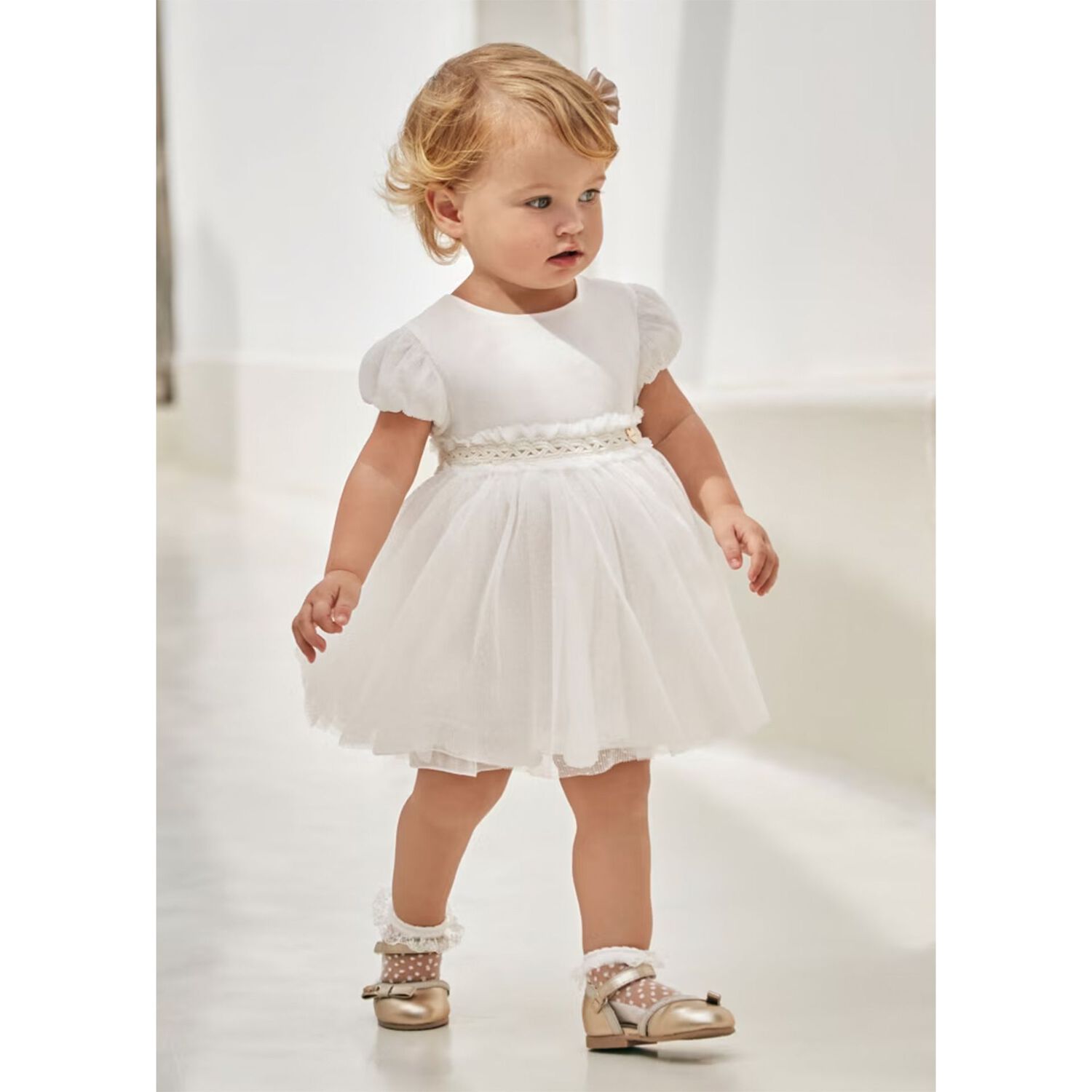 Younger Girls Ivory Pleated Tulle Dress, 1, hi-res