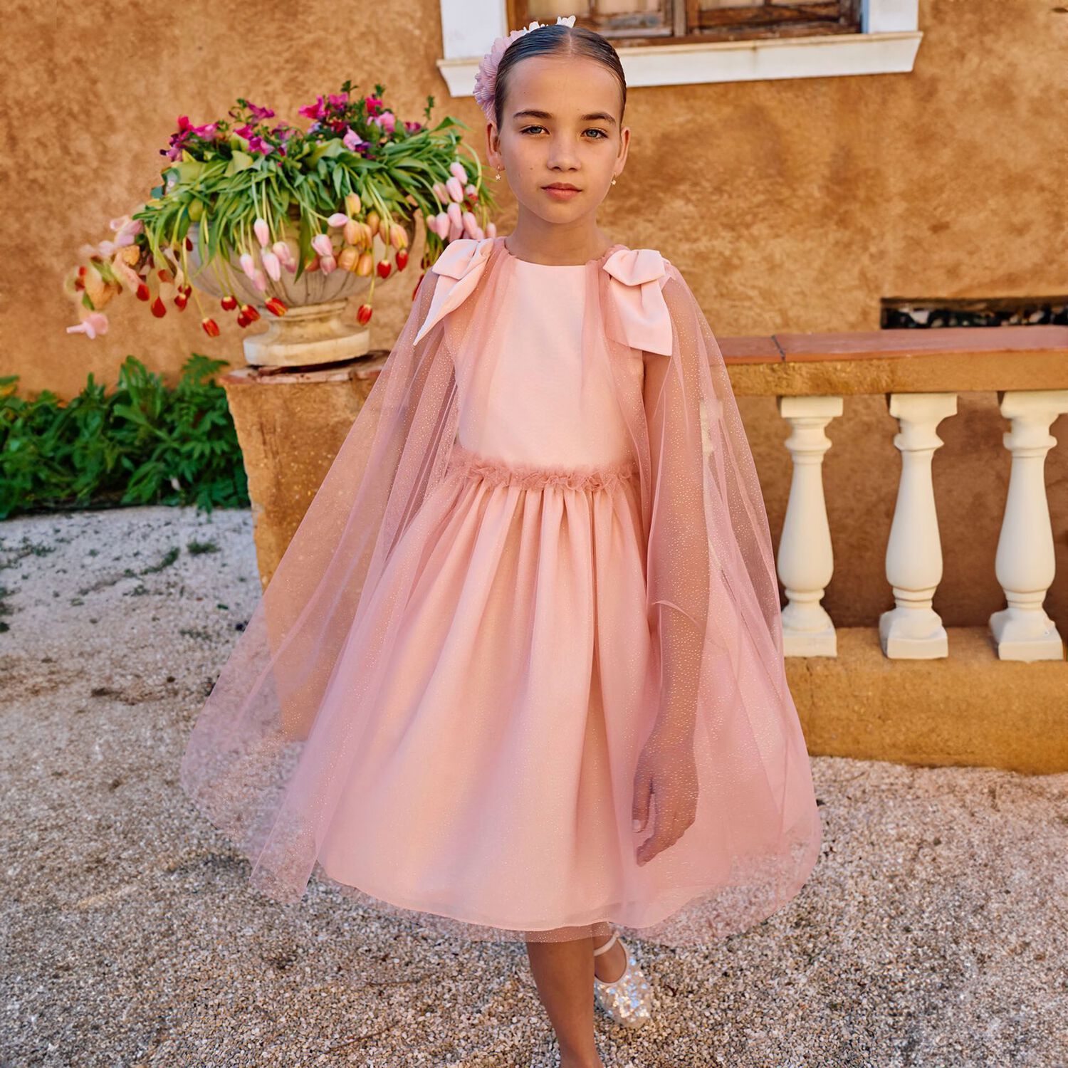 Girls Pink Tulle & Chiffon Cape Dress, 1, hi-res