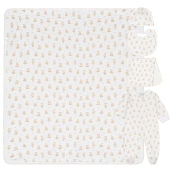 طقم هدايا ملابس أطفال بتصميم دب تيدي باللون الابيض 