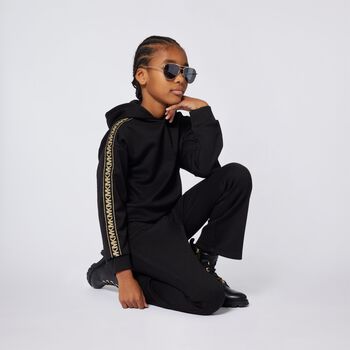 Girls Black Logo Hooded Top