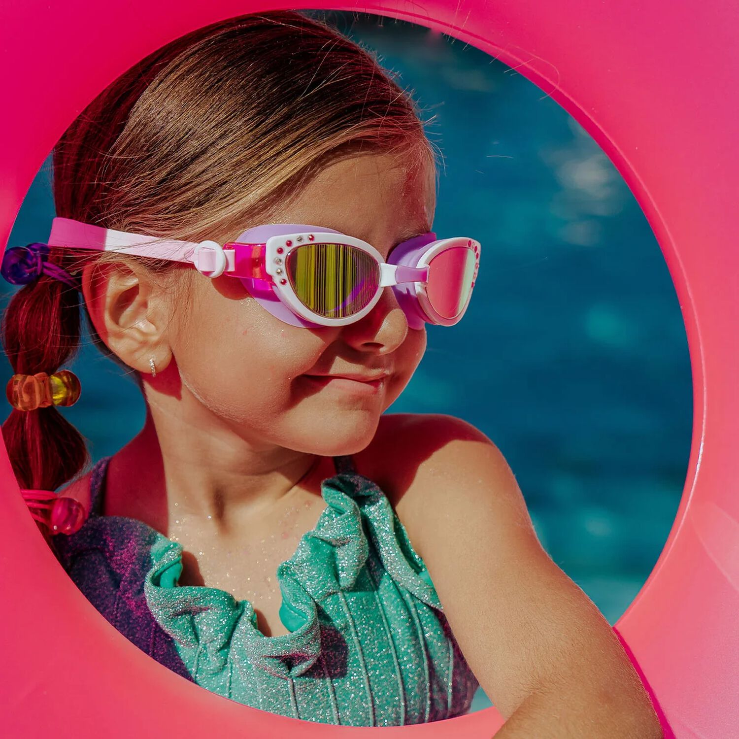Girls White & Purple Cat Eye Swimming Goggles, 1, hi-res