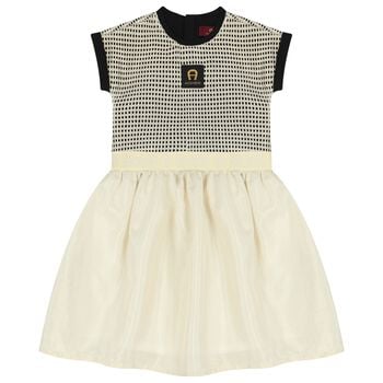 فستان للبنات باللون أسود وذهبي بشعار