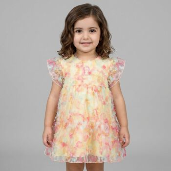 Younger Girls Yellow & Pink Logo Floral Tulle Dress