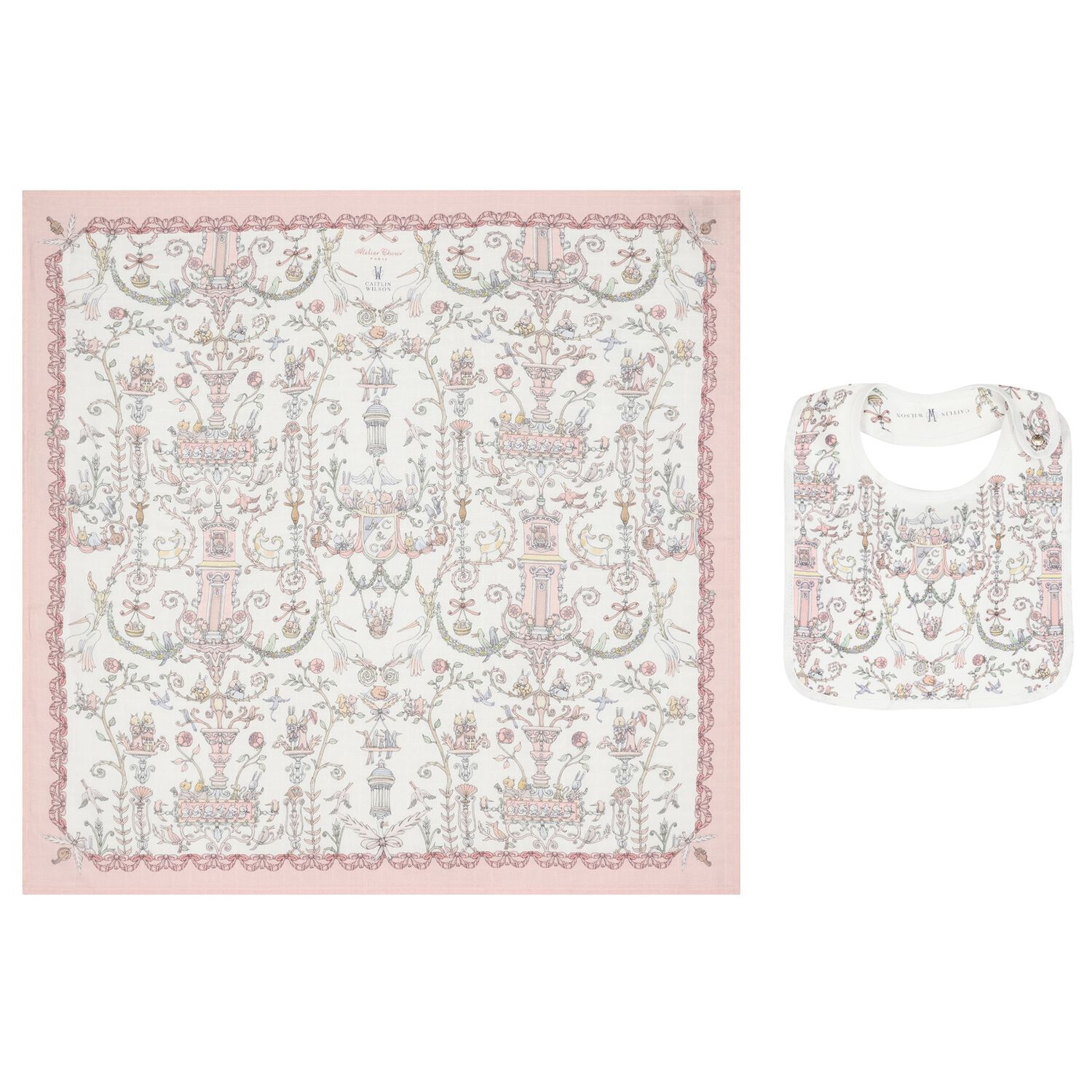 Baby Girls White & Pink Toile de Jouy Carré Swaddle & Bib Gift Set, 1, hi-res