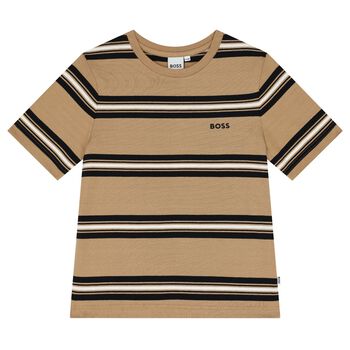 BOSS Boys Beige, Black & White Striped Logo T-Shirt, 1 Boys Beige, Black & White Striped Logo T-Shirt