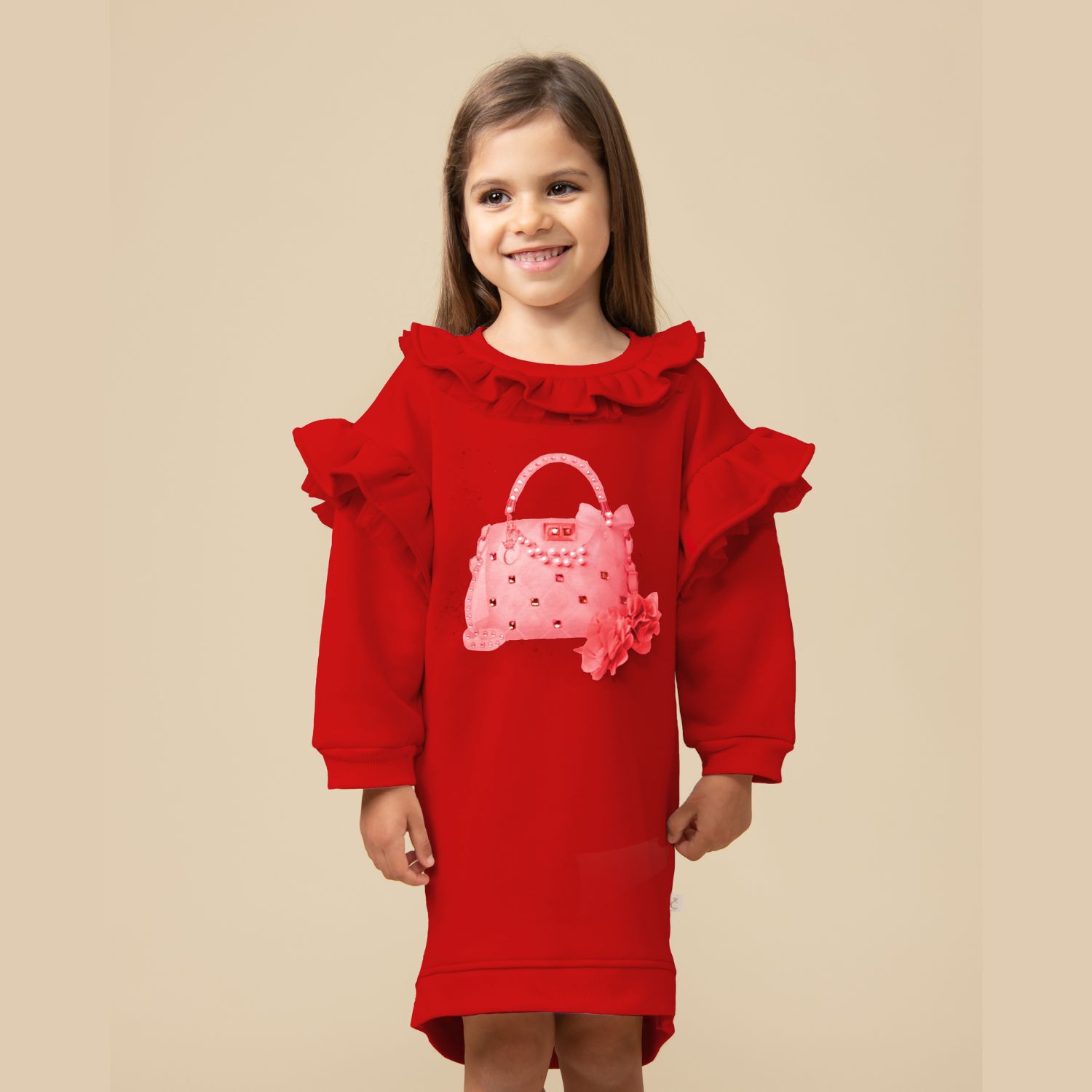 Girls Red Logo Bag Ruffled Dress, 1, hi-res