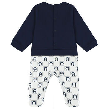 Baby Boys Navy Blue & White Logo Babygrow