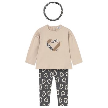 Younger Girls Beige & Grey Floral Leggings Set