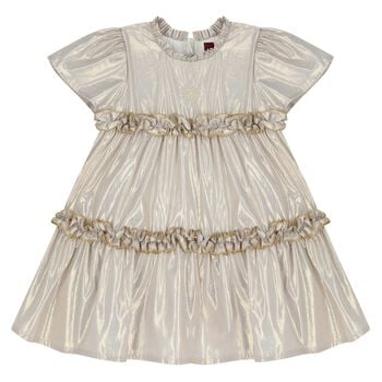 Younger Girls Beige & Gold Logo Ruffled Dress
