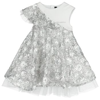 فستان بناتي أبيض وفضي اللون مزين بالترتر مصنوع من الأورجانزا