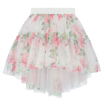 Girls White Floral Tulle Skirt