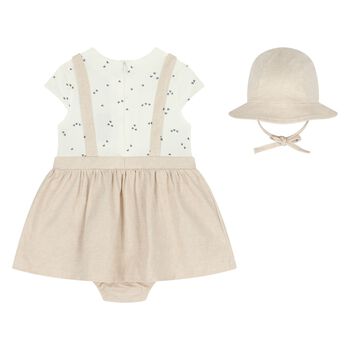 طقم فستان دونغرى بطبعه تيدى بير للبنات باللون البيج والعاجى 