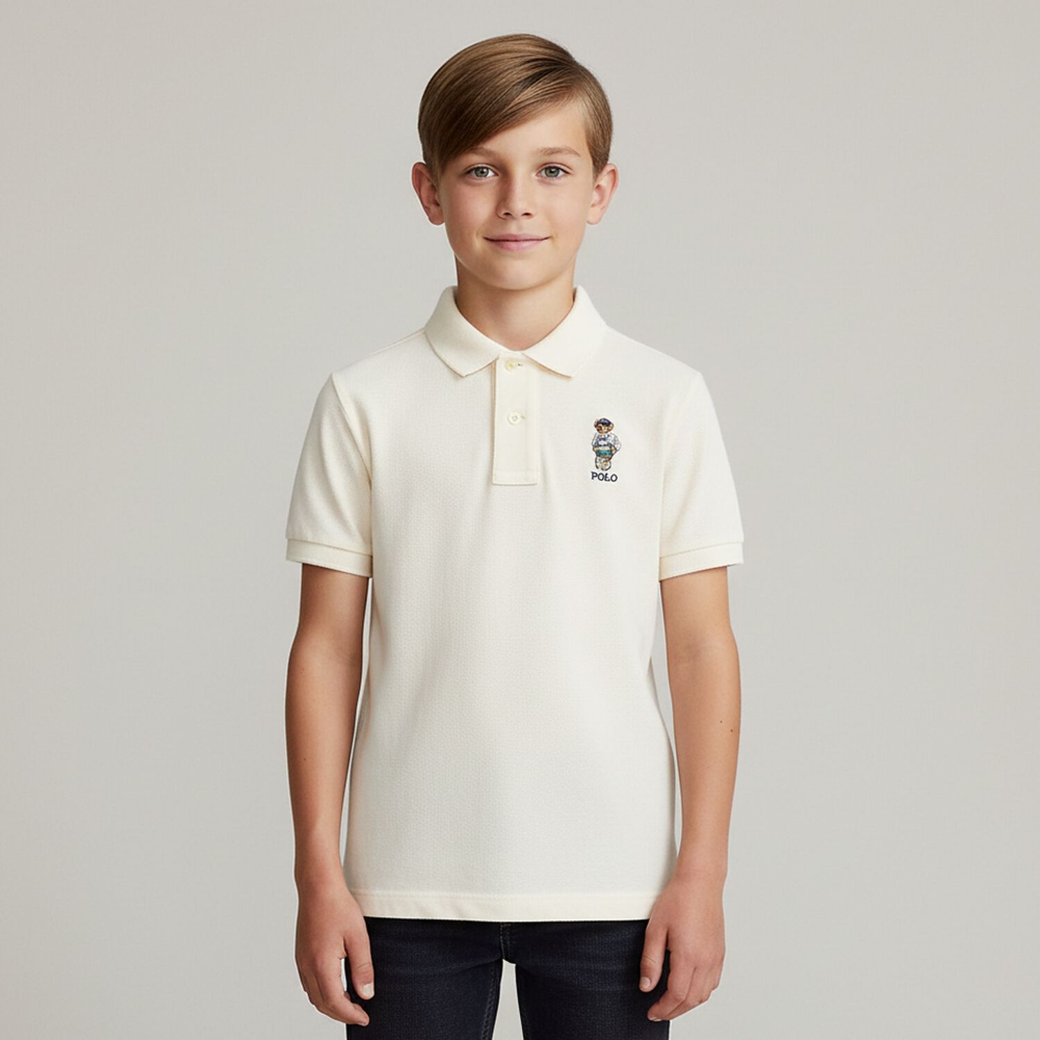 Boys Ivory Piqué Bear Polo Shirt, 1, hi-res