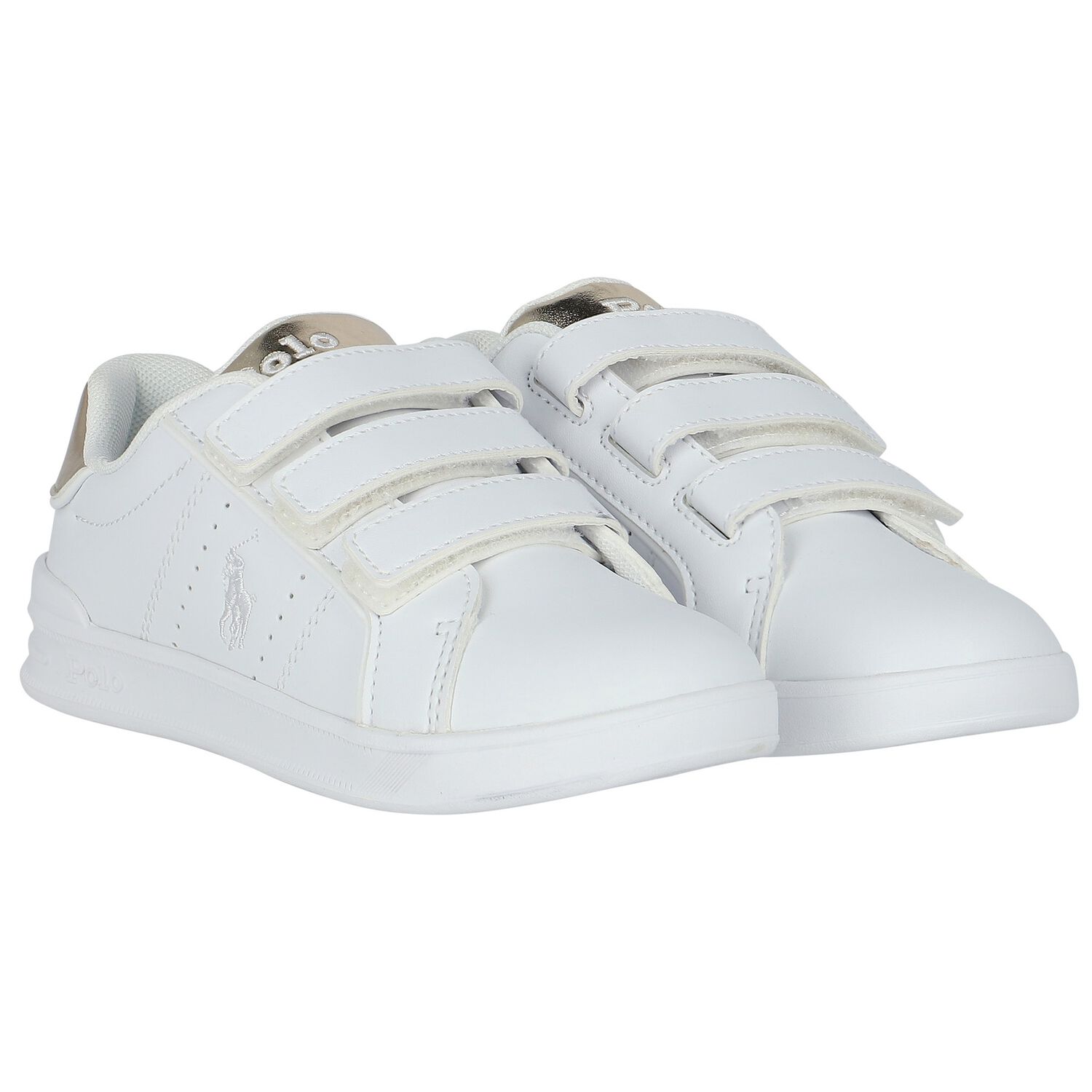 White & Gold Velcro Logo Trainers, 1, hi-res