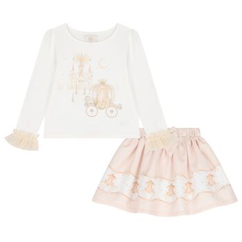 Girls Ivory & Beige Fairy Tale Castle Skirt Set 