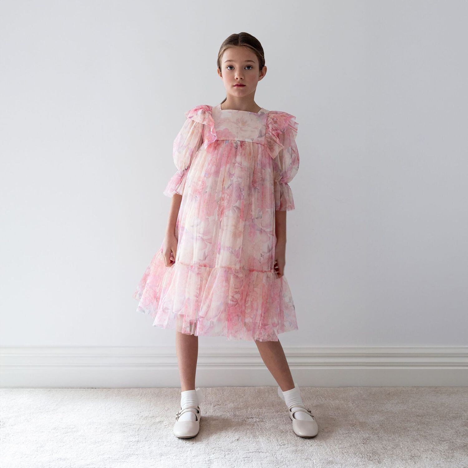 Girls Pink Floral Ruffled Tulle Dress, 1, hi-res