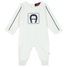 White & Navy Logo Babygrow, 1, hi-res