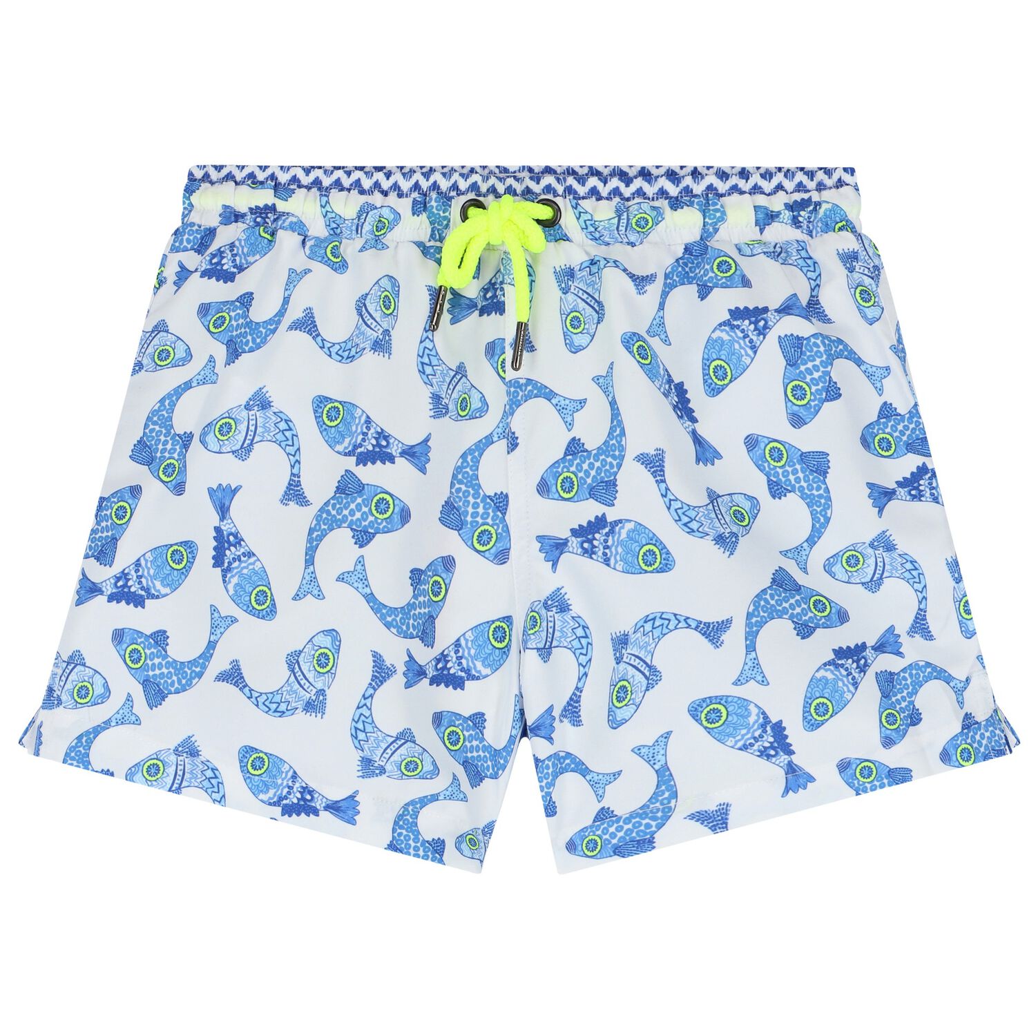 Boys White & Blue Fish Swim Shorts, 1, hi-res
