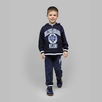 Boys Navy Blue Varsity Logo Hooded Zip Up Top