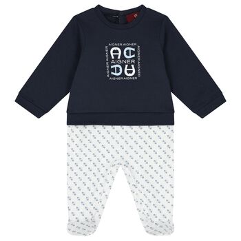Baby Boys Navy Blue Logo Babygrow