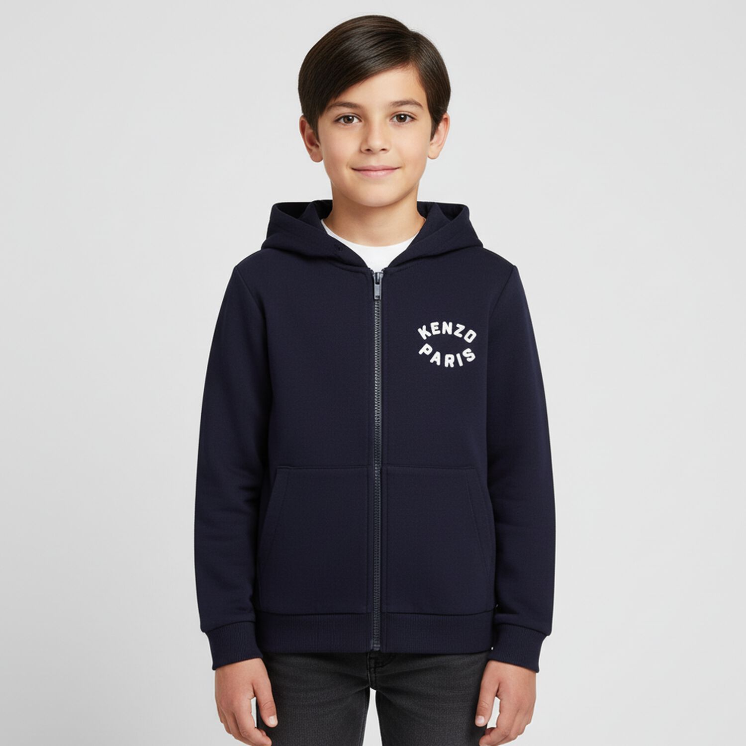 Boys Navy Blue Logo Hooded Zip Up Top, 1, hi-res