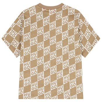 Boys Beige & White Check Logo T-Shirt